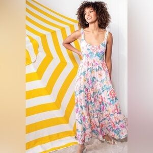 Tribal femme pink floral tiered maxi with smocked back